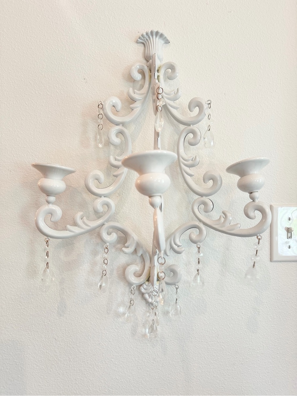 White Ornate Lightweight Metal Wall Sconce Candelabra with Crystal Drops